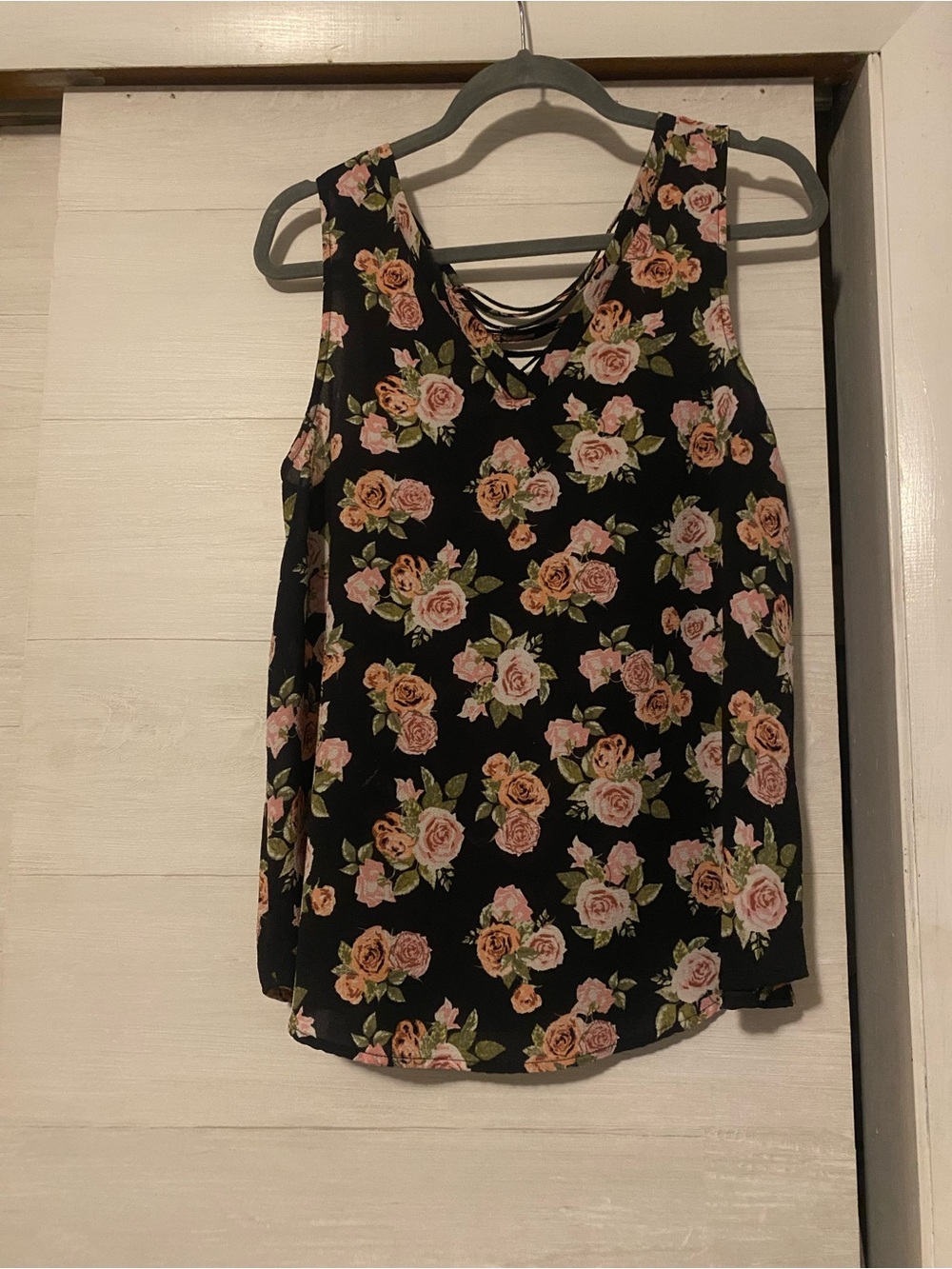Floral Sleeveless V-Neck Tank Top - Black with Pink Roses